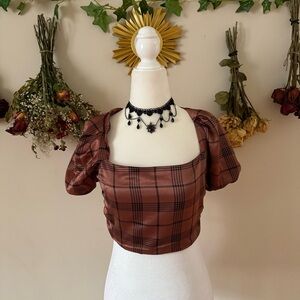 Cottagecore/Fairygrunge West of Melrose Brown Gingham Silky Puff Sleeve Crop Top